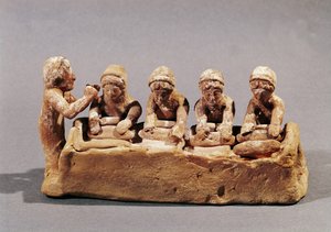 Panaderos amasando masa al sonido de una flauta, encontrado en Tebas, Beocia, siglo VI a.C. de Greek
